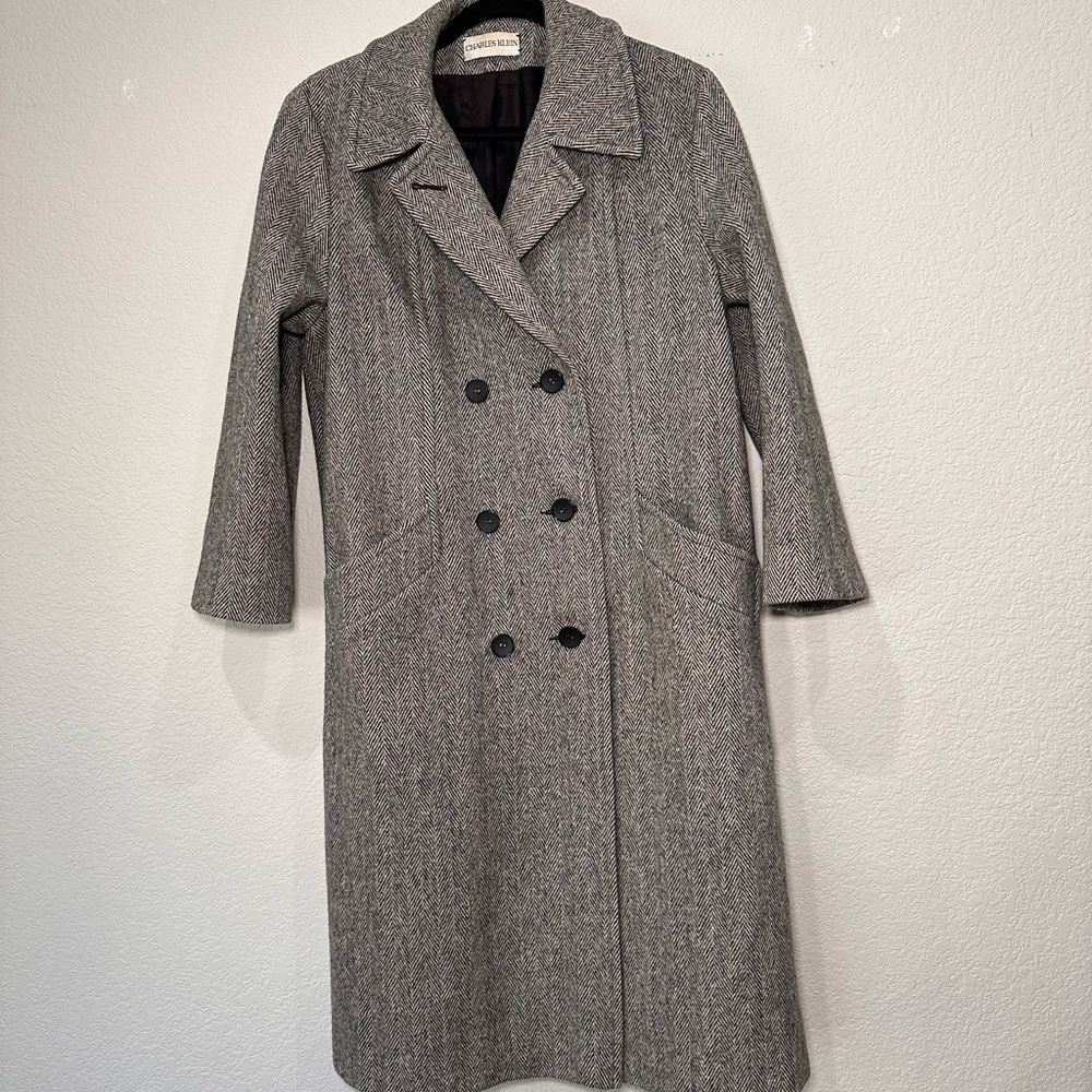 Charles Klein Vintage Herringbone Wool‎ Blend Double Breasted Long Coat Black